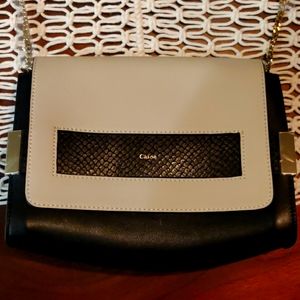 CHLOE Lambskin Snakeskin Medium Elle Chain Clutch Cream Black
